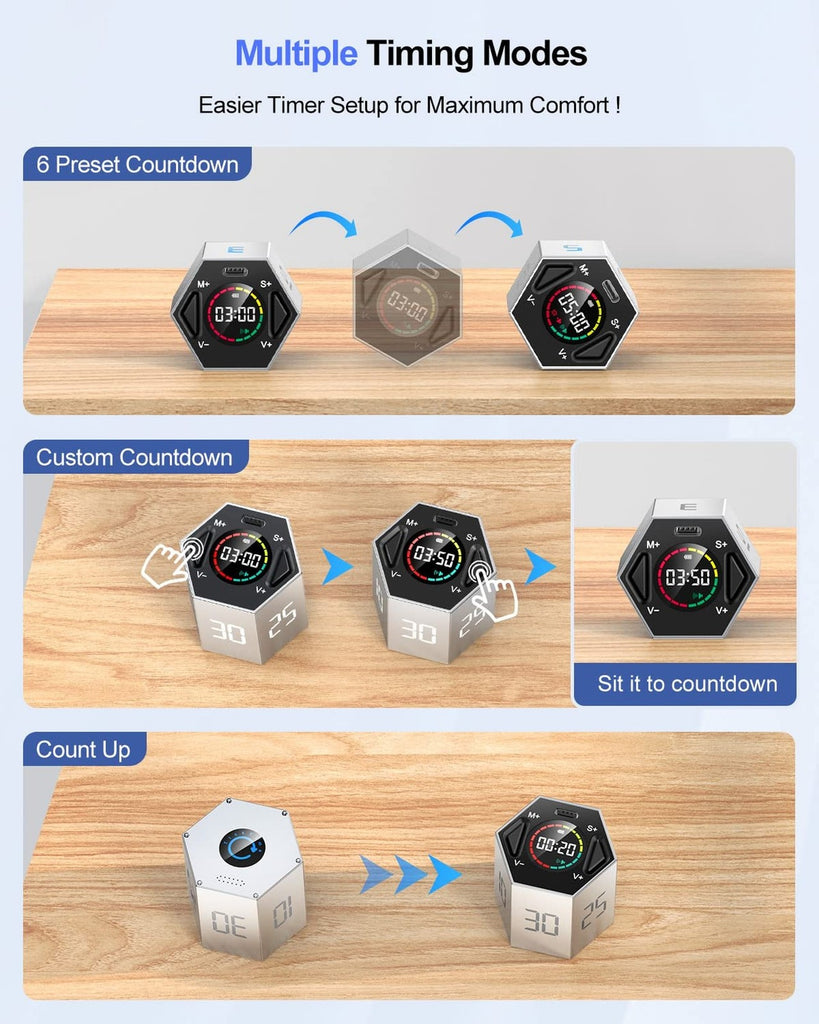 Ticktime Pomodoro Timer Cube, Hexagon Productivity Timer, Pause & Resume, Sil...