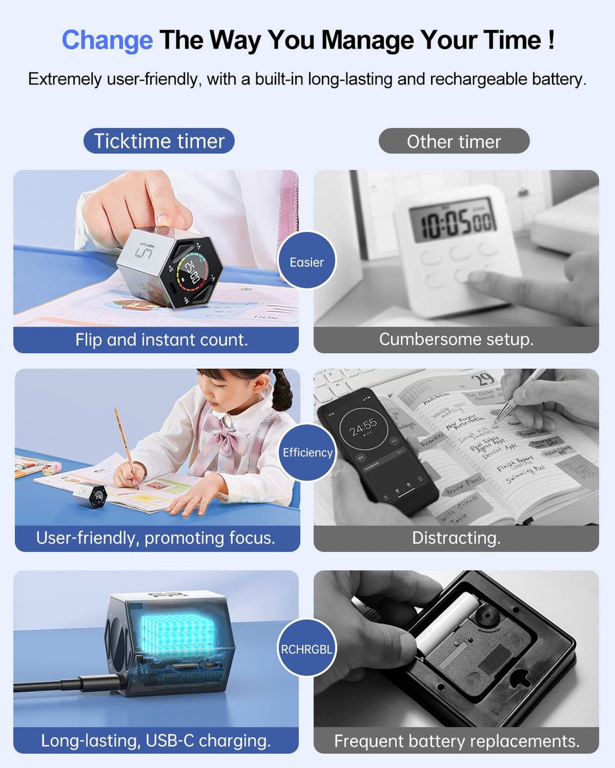 Ticktime Pomodoro Timer Cube, Hexagon Productivity Timer, Pause & Resume, Sil...